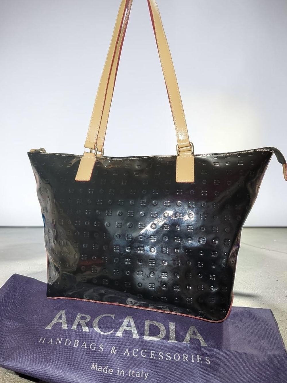 Arcadia Black Patent Tote with Tan Shoulder Straps And Dust Bag Good Condition